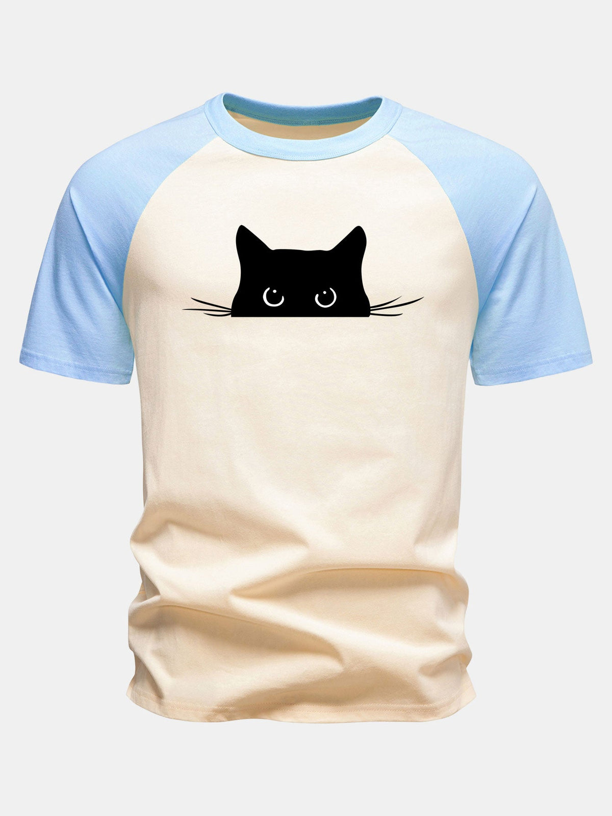 Camiseta de algodão com mangas raglã e estampa de gato preto