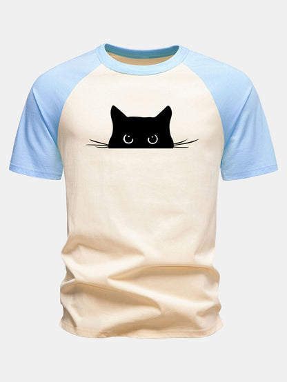 Camiseta de algodão com mangas raglã e estampa de gato preto