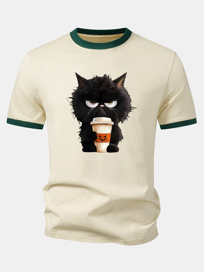 Camiseta Ringer Contrastante com Estampa de Gato Preto, Café e Halloween