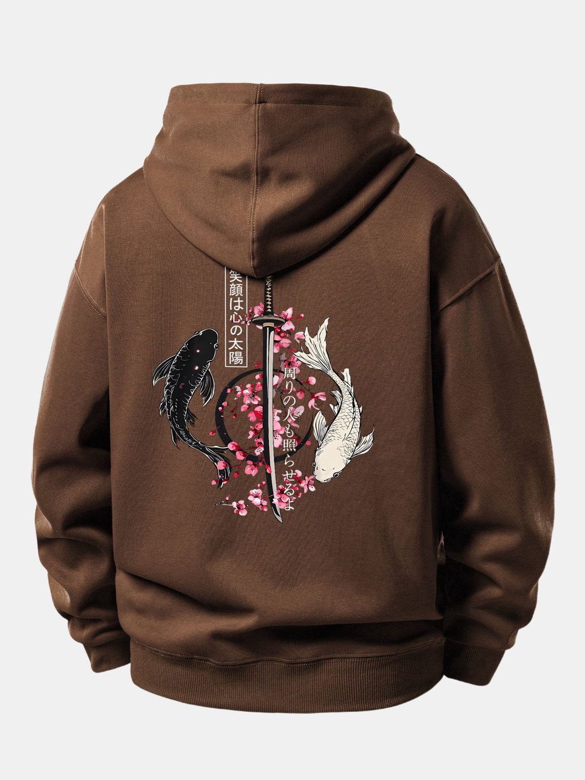 Moletom de caimento confortável com estampa de samurai japonês, katana, carpas koi e sakura