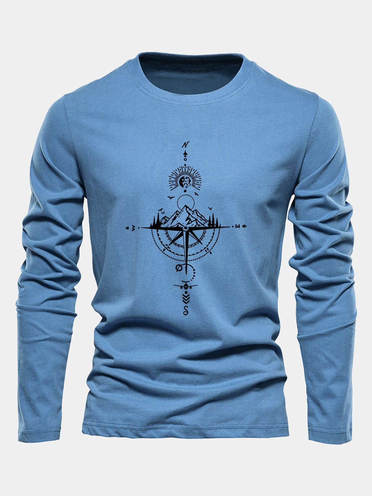 Compass & Mountain Print Long Sleeve Cotton T-Shirt