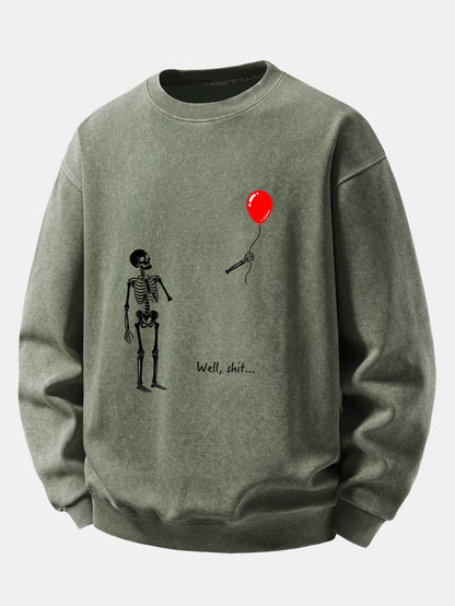 Balloon Skeleton Print Washed Distressed Sweatshirt