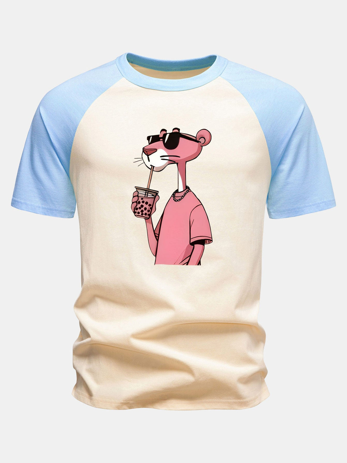 Camiseta de Algodão com Estampa da Pantera Cor-de-Rosa e Mangas Raglan