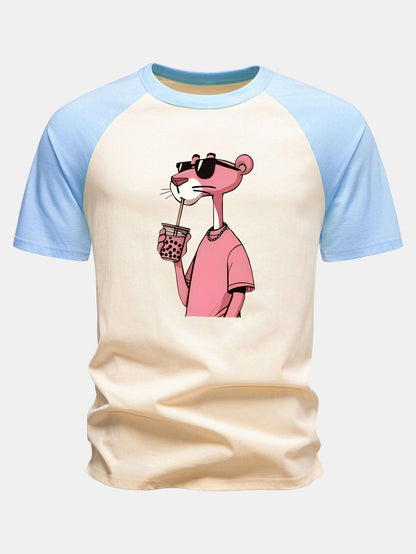 Camiseta de Algodão com Estampa da Pantera Cor-de-Rosa e Mangas Raglan