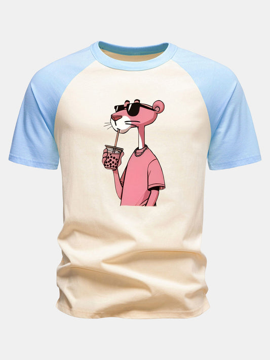Pink Panther Print Raglan Cotton T-Shirt