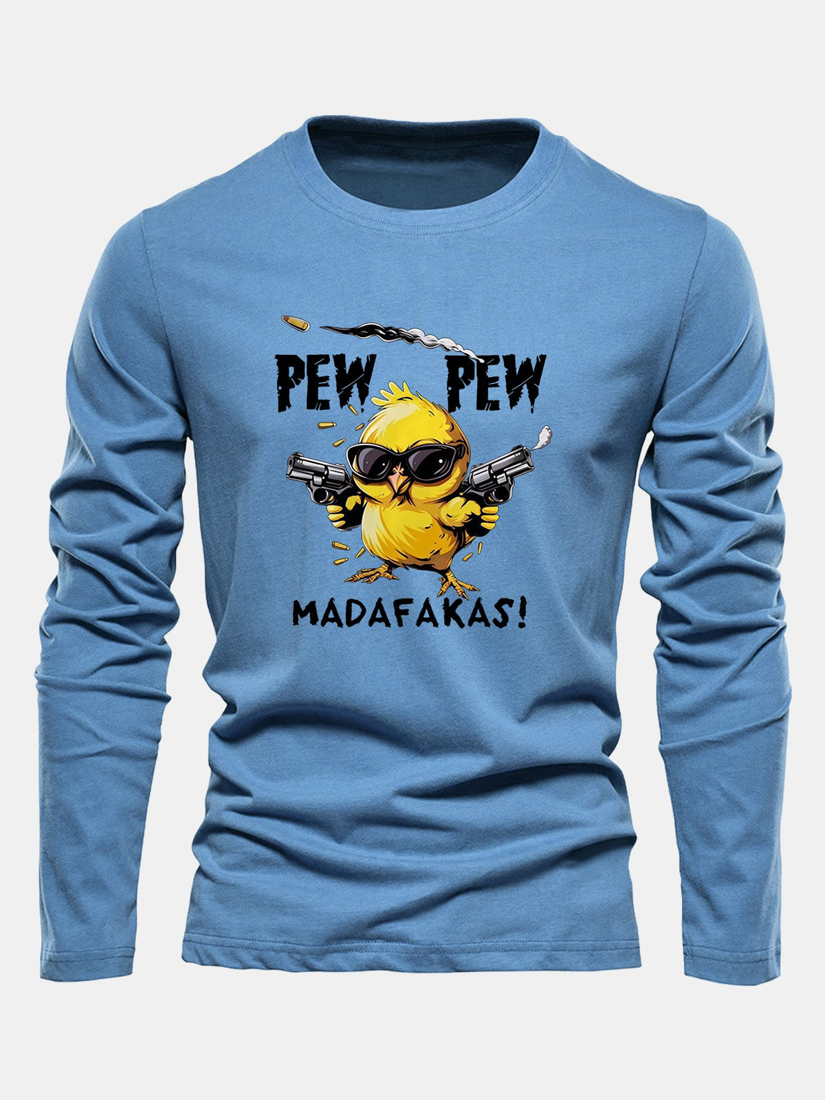 "Pew Pew" Chicken Print Long Sleeve Cotton T-Shirt