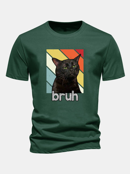 Camiseta de algodão preta com estampa de gato, corte regular, Bruh