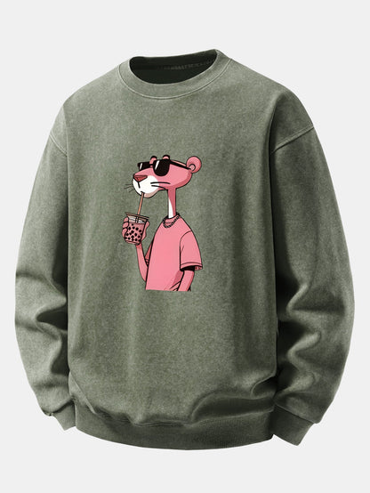 Pink Panther Print Washed Distressed Sweatshirt