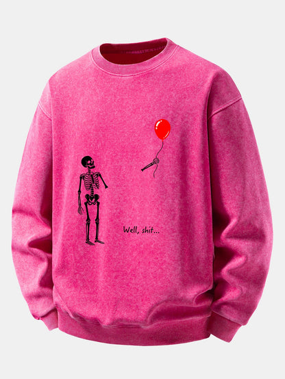 Balloon Skeleton Print Washed Distressed Sweatshirt
