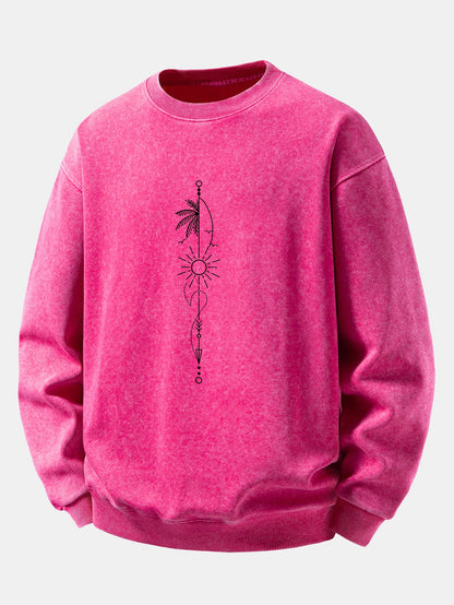 Sun, Palm & Arrow Print Washed Distressed Sweatshirt