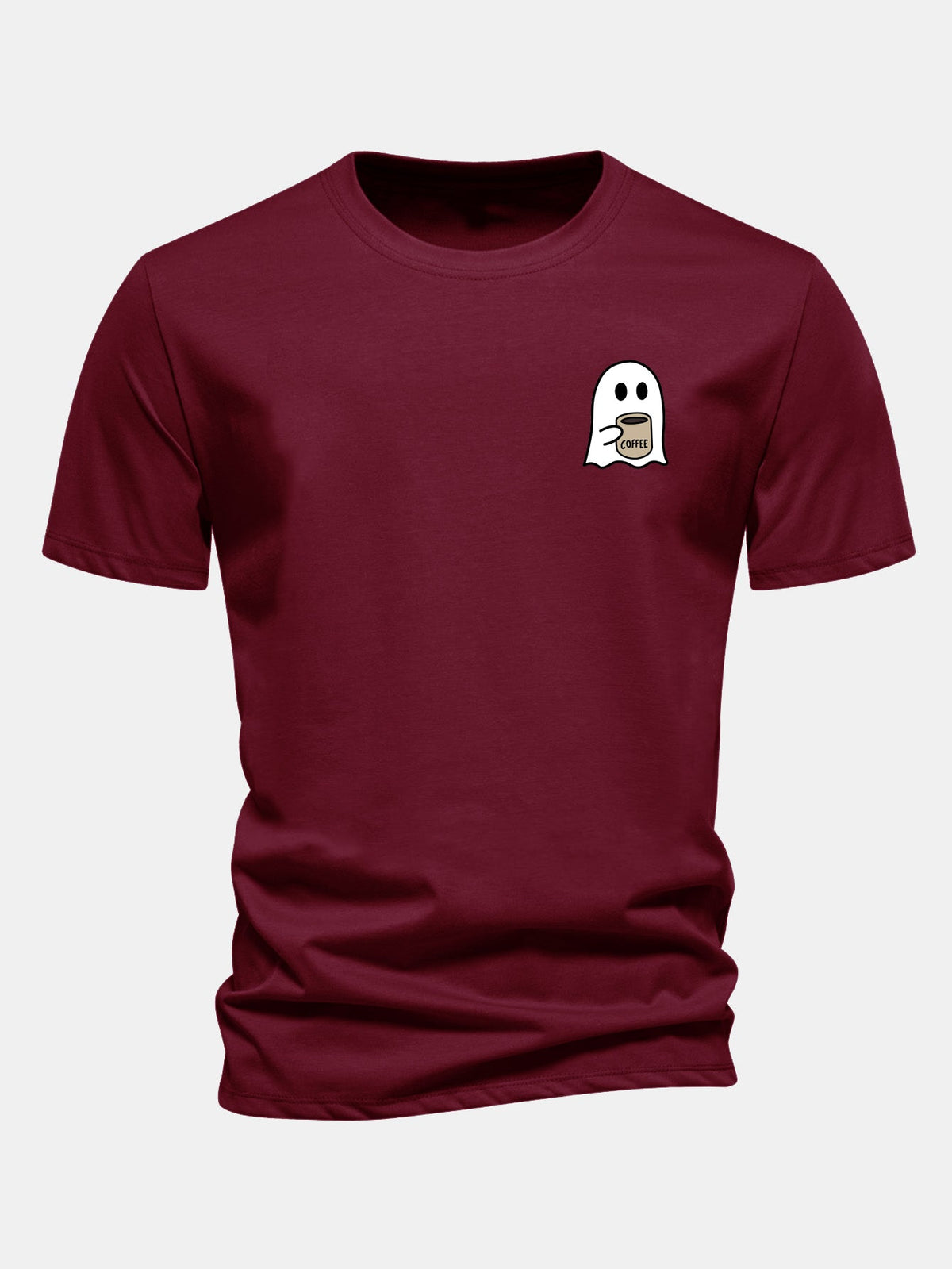Camiseta de algodão com estampa de fantasma tomando café e caimento regular