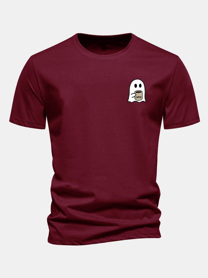 Camiseta de algodão com estampa de fantasma tomando café e caimento regular