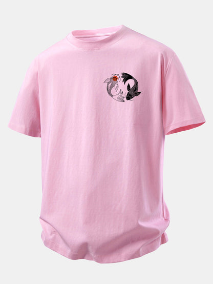 Camiseta de algodão com estampa japonesa de carpas koi e caimento confortável