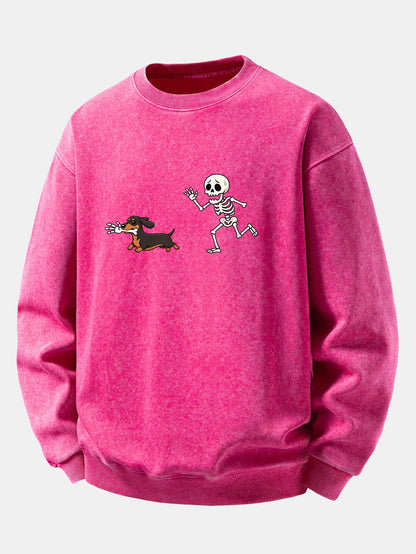 Skeleton & Dachshund Print Washed Distressed Sweatshirt