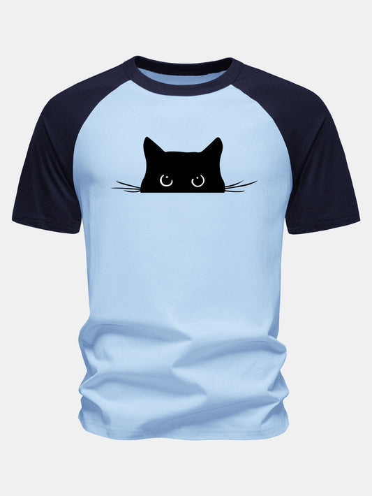 Camiseta de algodão com mangas raglã e estampa de gato preto