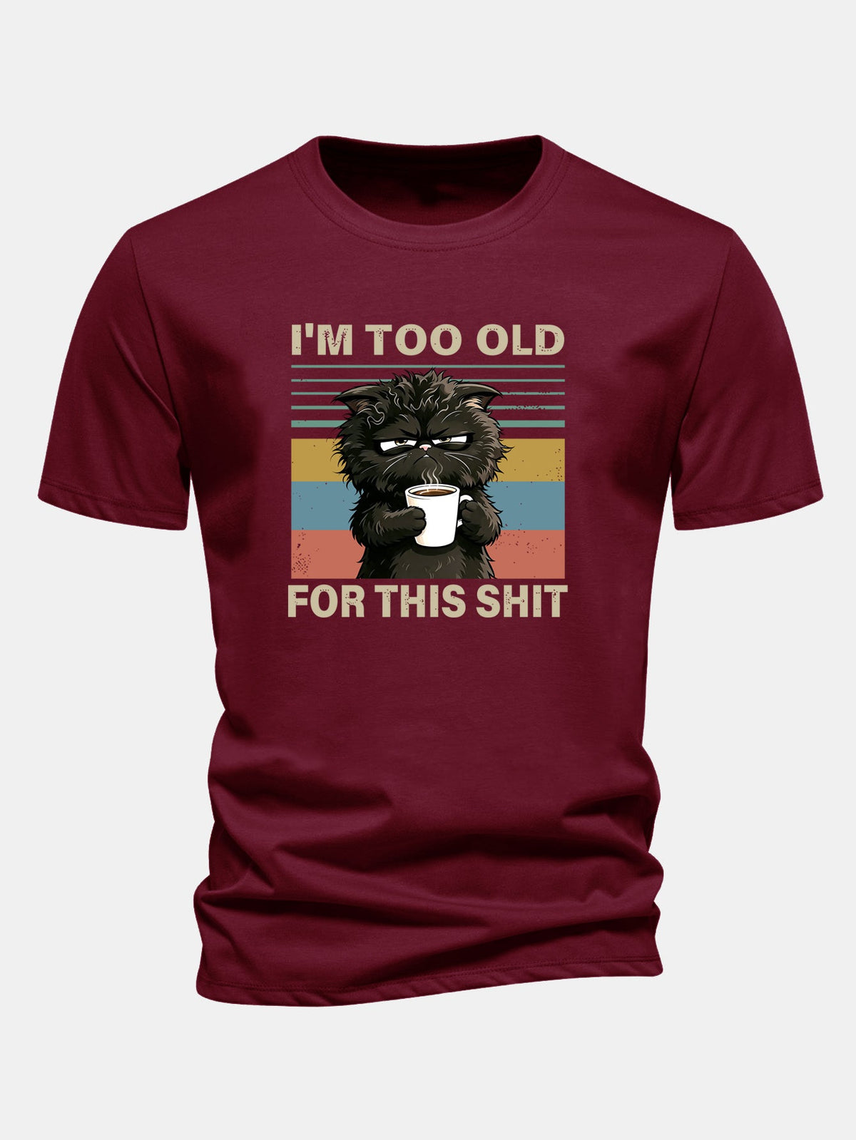 Camiseta de algodão preta de corte regular com estampa de gato preto “Estou velho demais para essa merda”