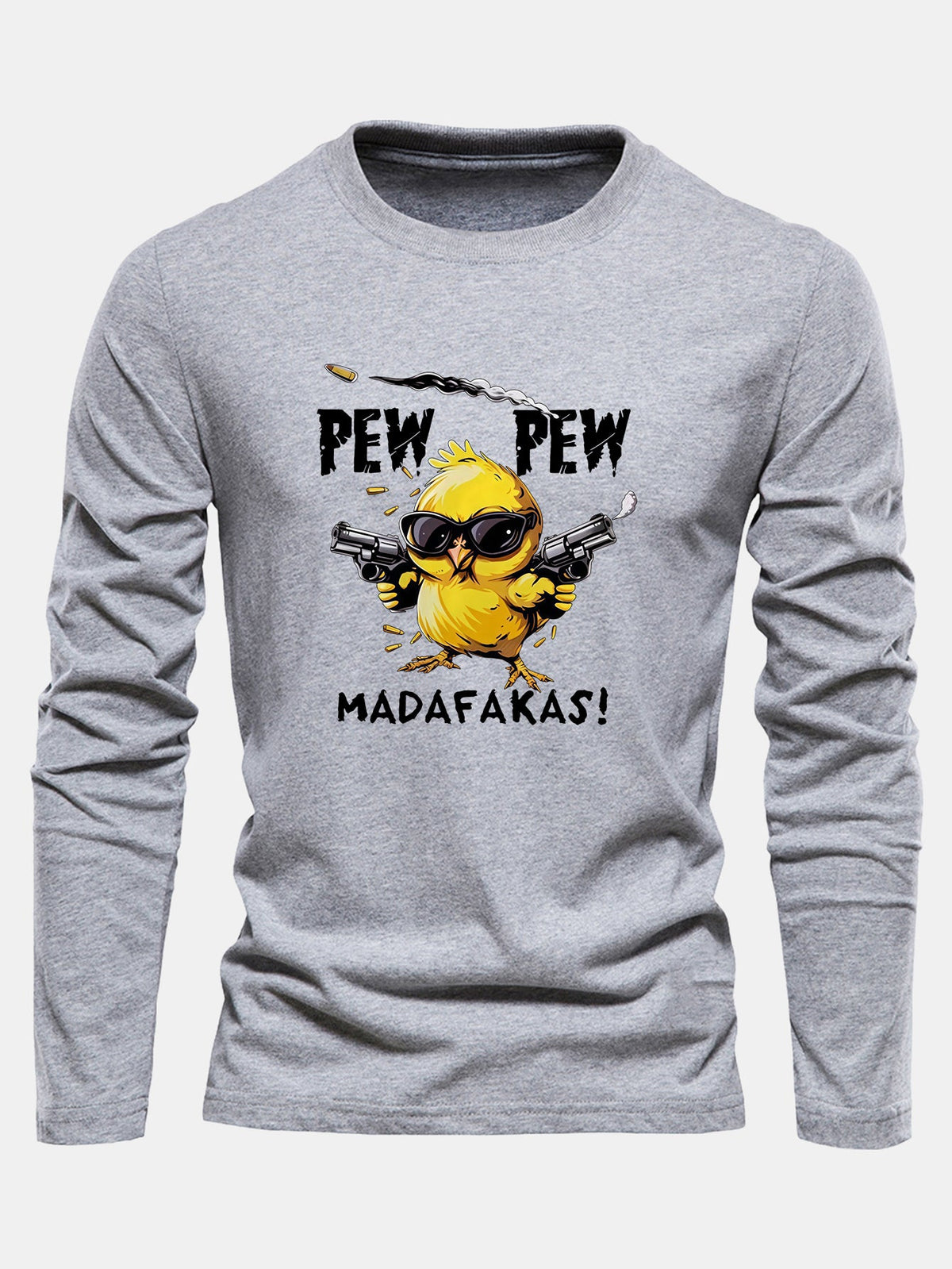 "Pew Pew" Chicken Print Long Sleeve Cotton T-Shirt