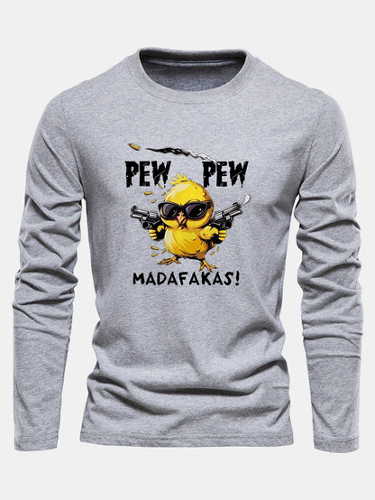 "Pew Pew" Chicken Print Long Sleeve Cotton T-Shirt