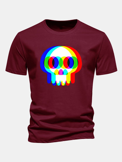 Glitch Skull Print Cotton T-Shirt