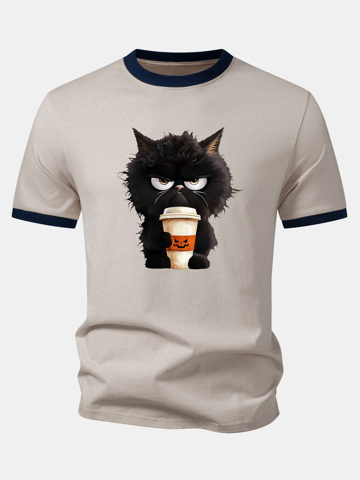 Camiseta Ringer Contrastante com Estampa de Gato Preto, Café e Halloween