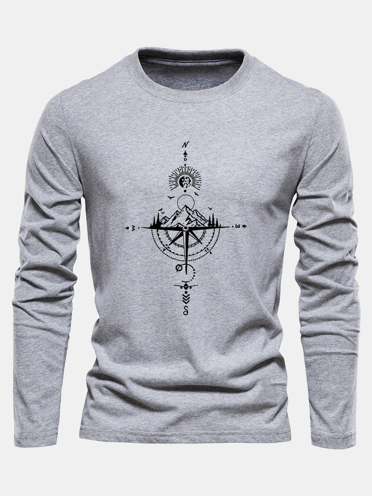 Compass & Mountain Print Long Sleeve Cotton T-Shirt