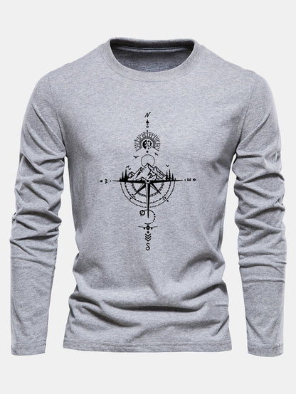 Compass & Mountain Print Long Sleeve Cotton T-Shirt