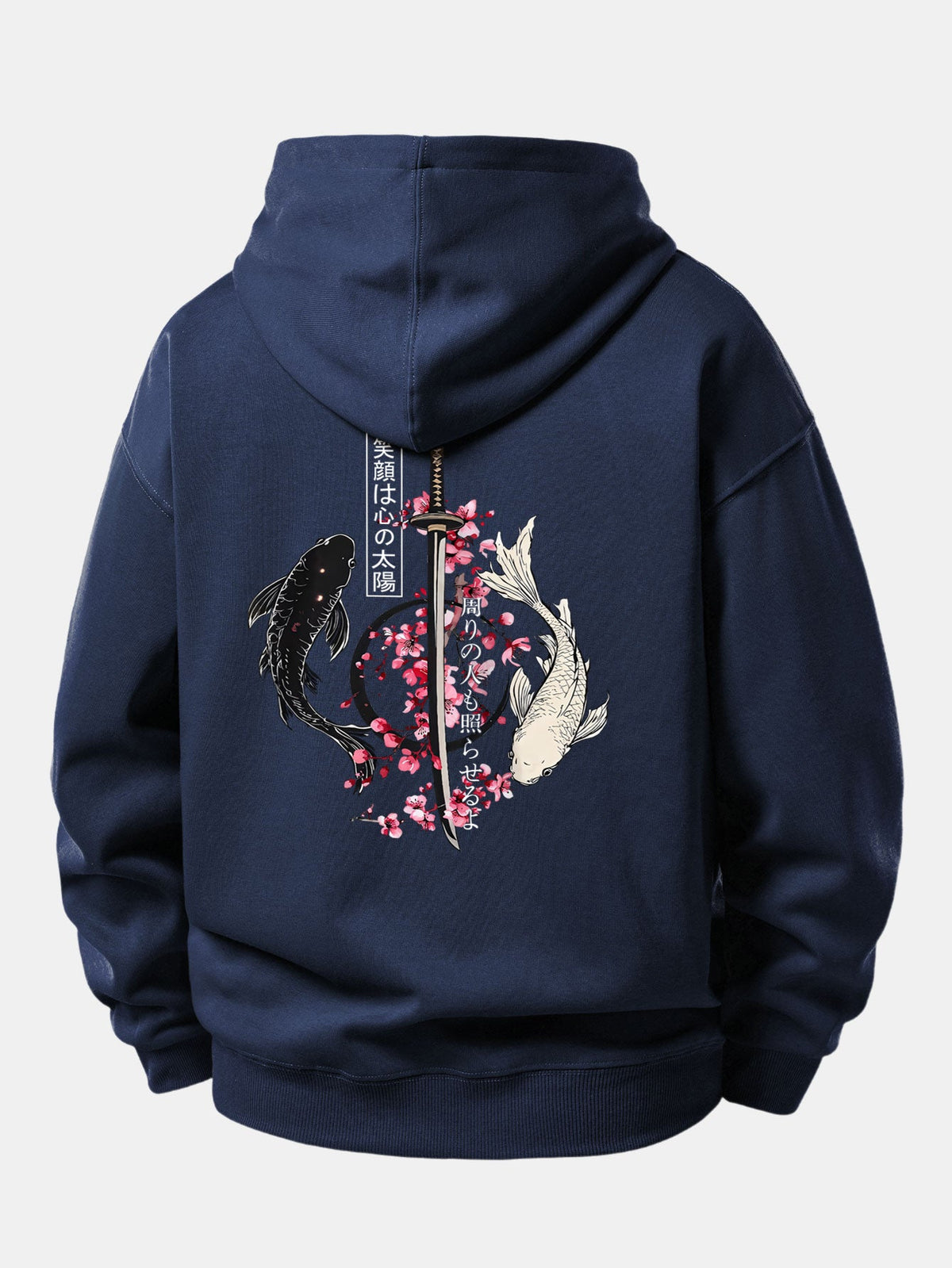 Moletom de caimento confortável com estampa de samurai japonês, katana, carpas koi e sakura
