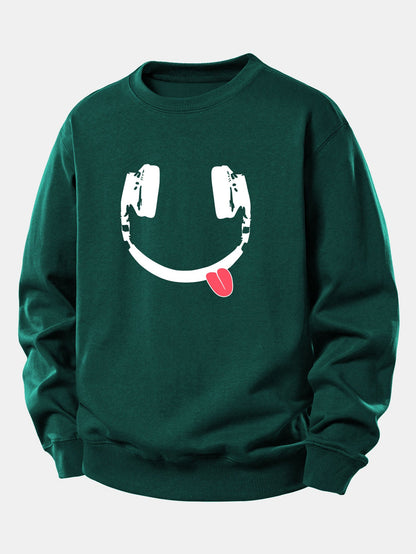 Moletom de caimento confortável com estampa de carinha sorridente usando fones de ouvido