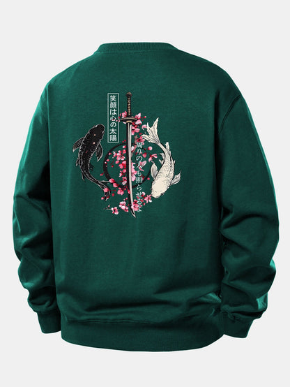 Moletom de modelagem confortável com estampa de samurai japonês, katana, peixe koi e sakura