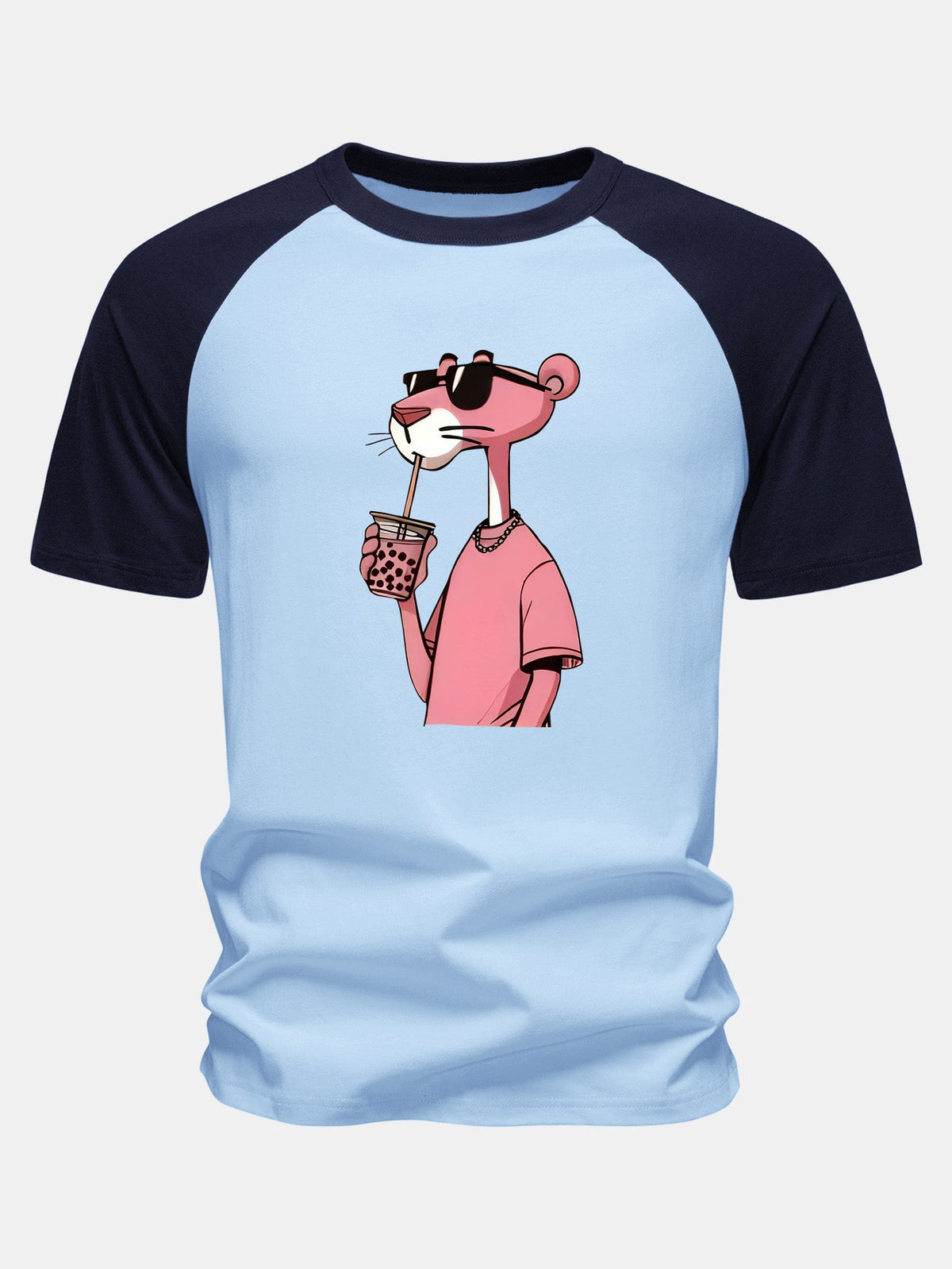 Camiseta de Algodão com Estampa da Pantera Cor-de-Rosa e Mangas Raglan