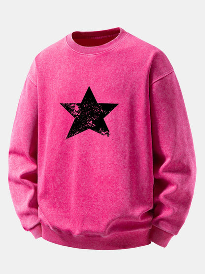 Star Print Washed Distressed Relaxed Sweatshirt