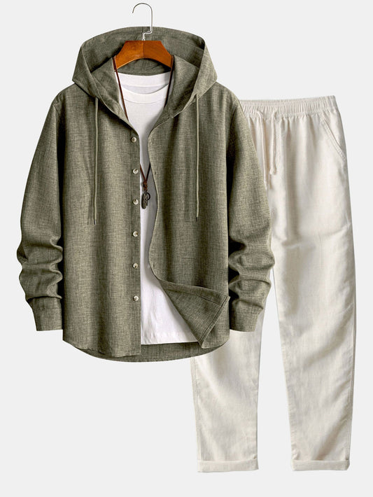Camisa com capuz de manga longa com aparência de linho e calça de linho de perna reta