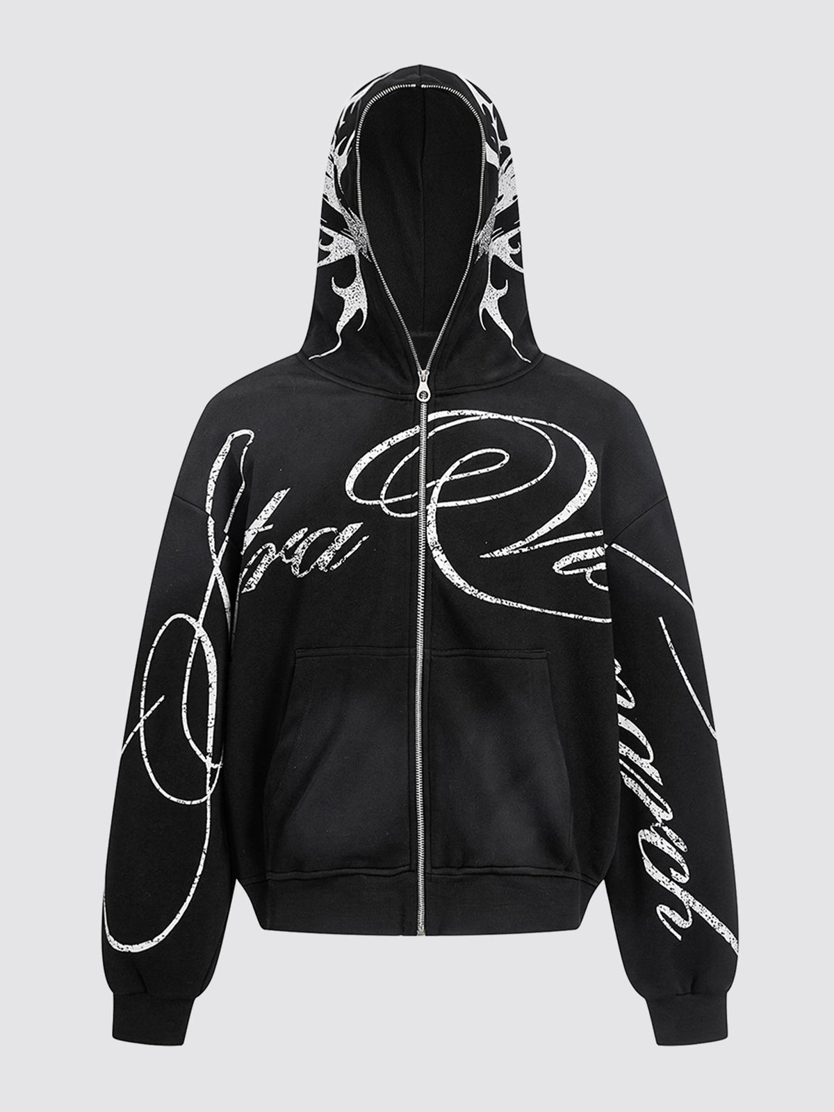 Oversized Script Print Zip Hoodie