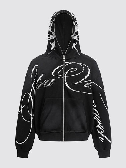 Oversized Script Print Zip Hoodie
