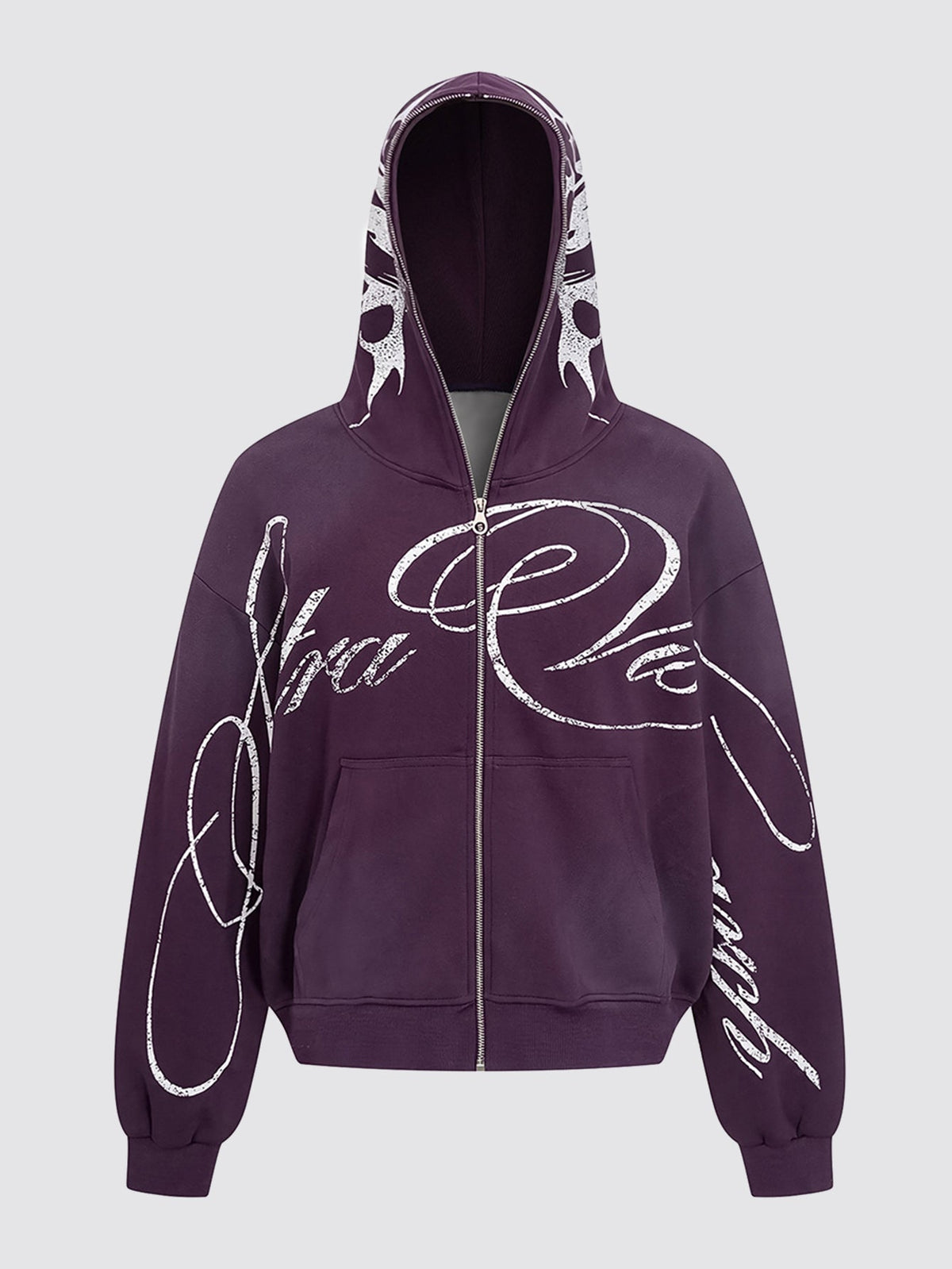 Oversized Script Print Zip Hoodie