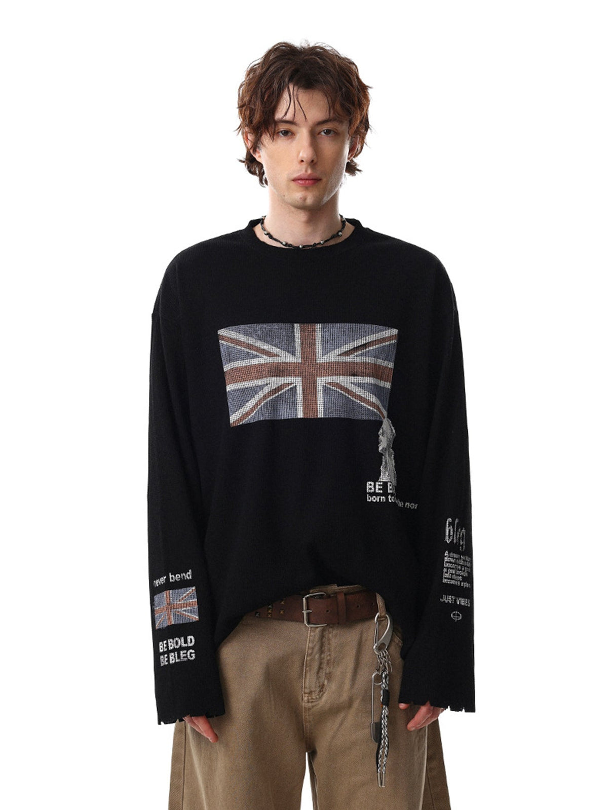 Vintage Union Jack Print Waffle Long Sleeve T-Shirt