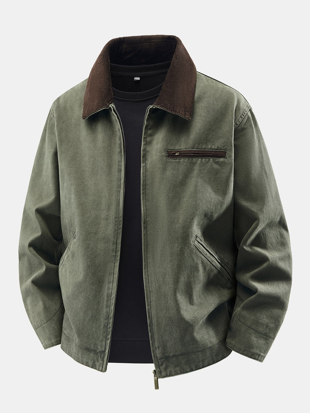 Washed Corduroy Collar Zip Jacket