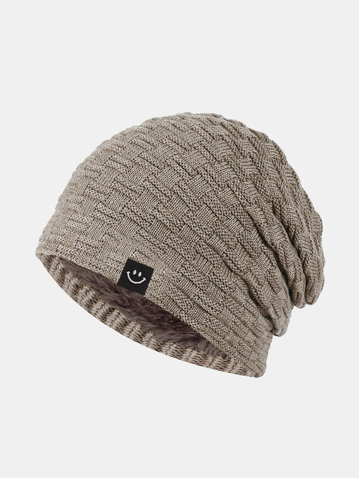 Fleece-Lined Smiley Patch Knit Beanie