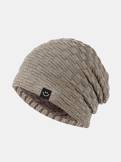 Fleece-Lined Smiley Patch Knit Beanie