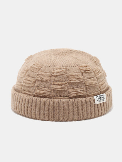 Distressed Check Knit Cuffed Short Beanie