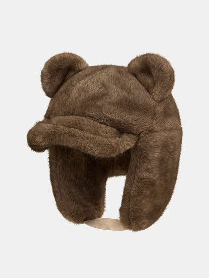 Fluffy Bear Ear Plush-Lined Trapper Hat