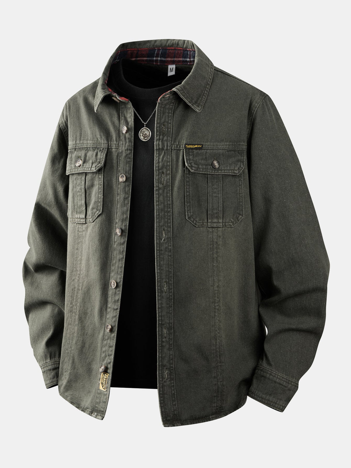 Sobrecamisa utilitária de sarja jeans vintage com lavagem desgastada