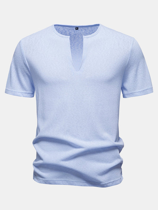 Lightweight Linen-Look Deep Notch Neck T-Shirt
