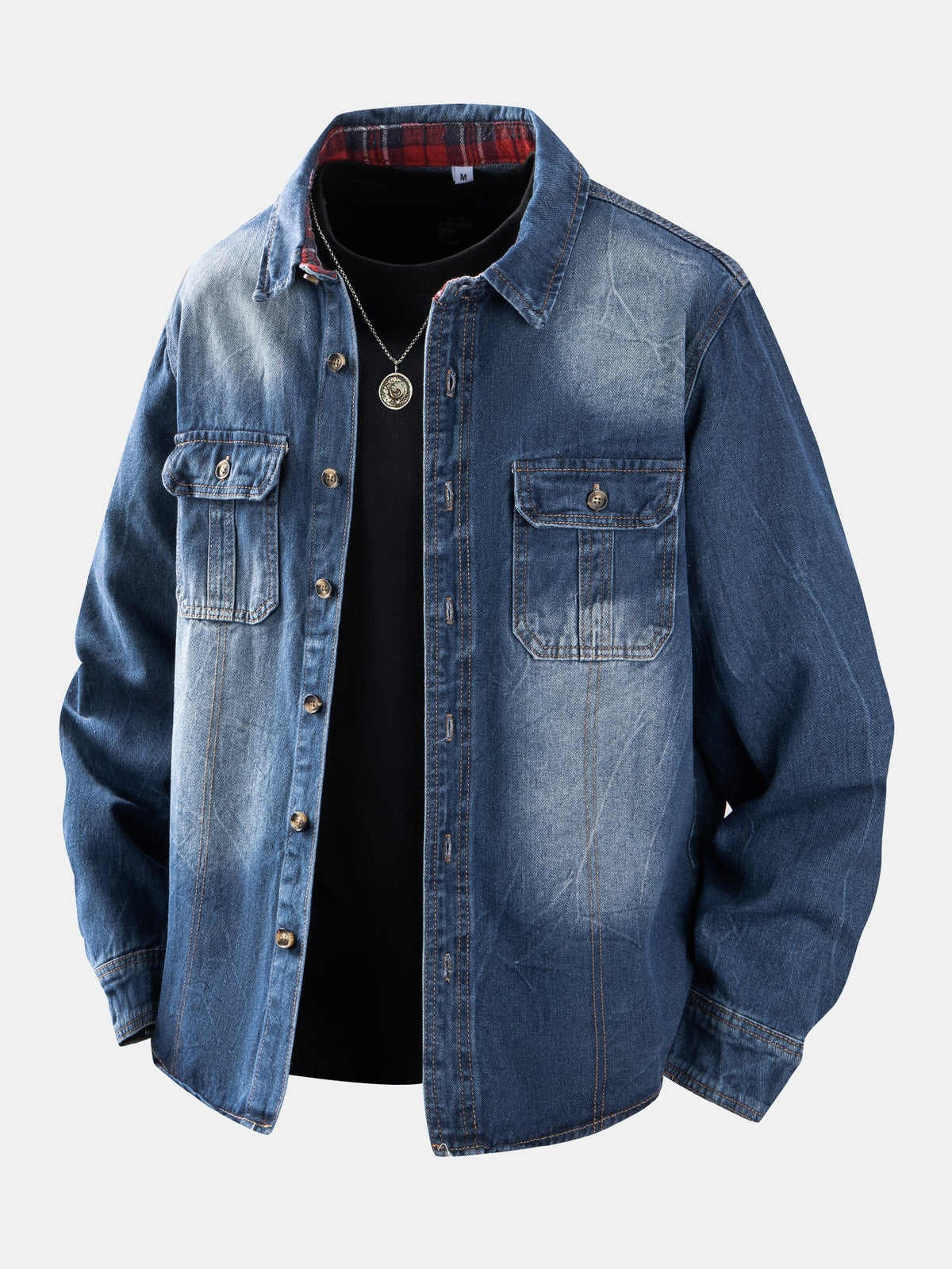 Sobrecamisa utilitária de jeans lavado xadrez contrastante