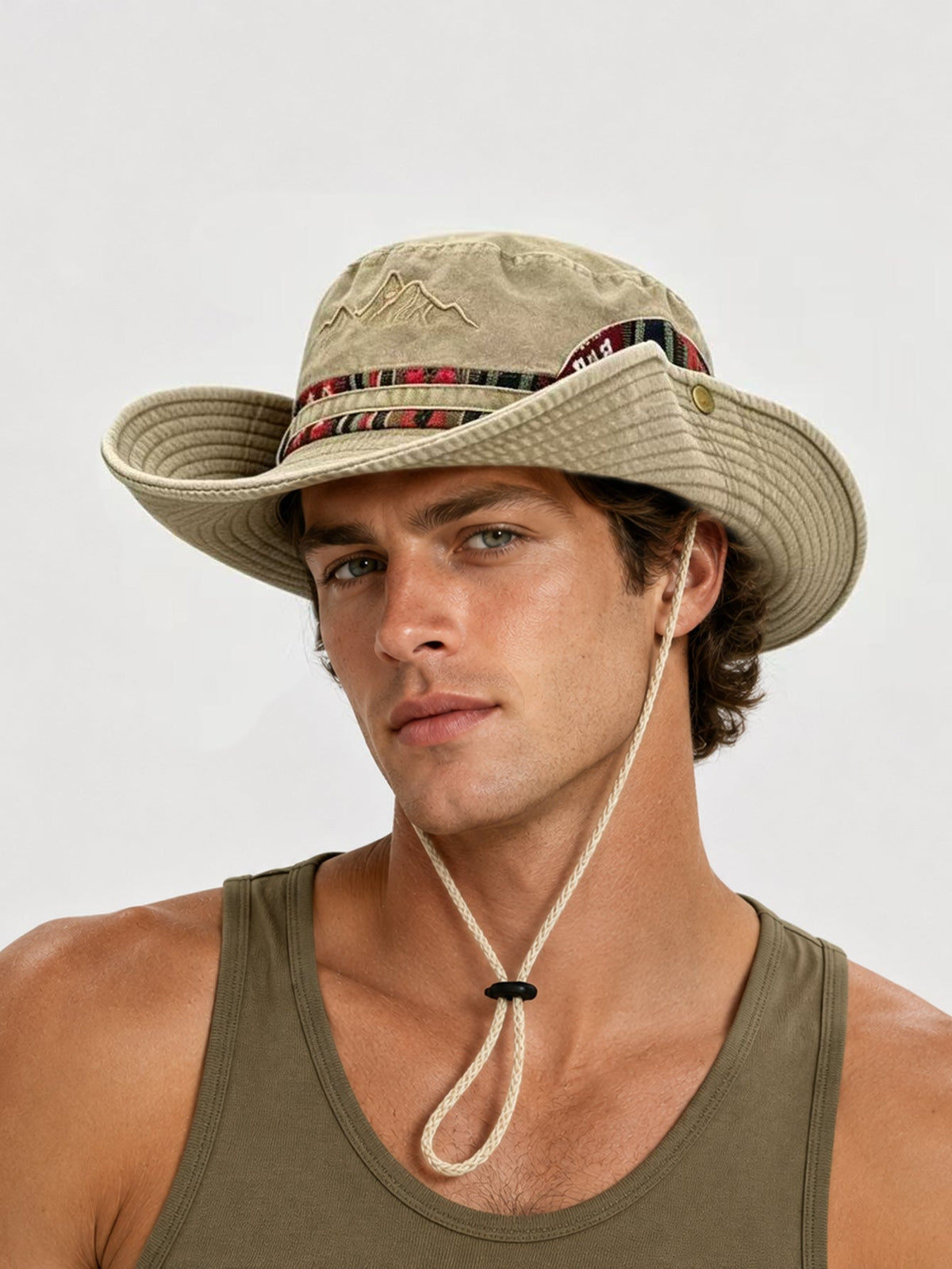 Chapéu boonie para sol e atividades ao ar livre, lavado, com faixa étnica e bordado de montanha