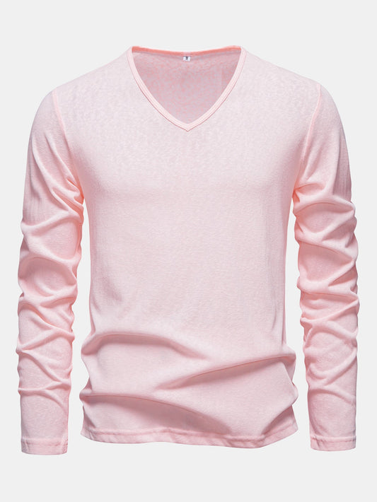 Lightweight Linen-Look V-Neck Long Sleeve T-Shirt