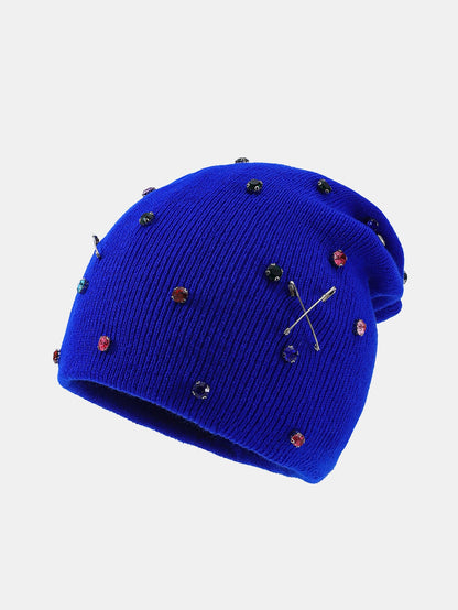Gorro de Tricô Quente Estilo Punk Fashion com Strass e Broche