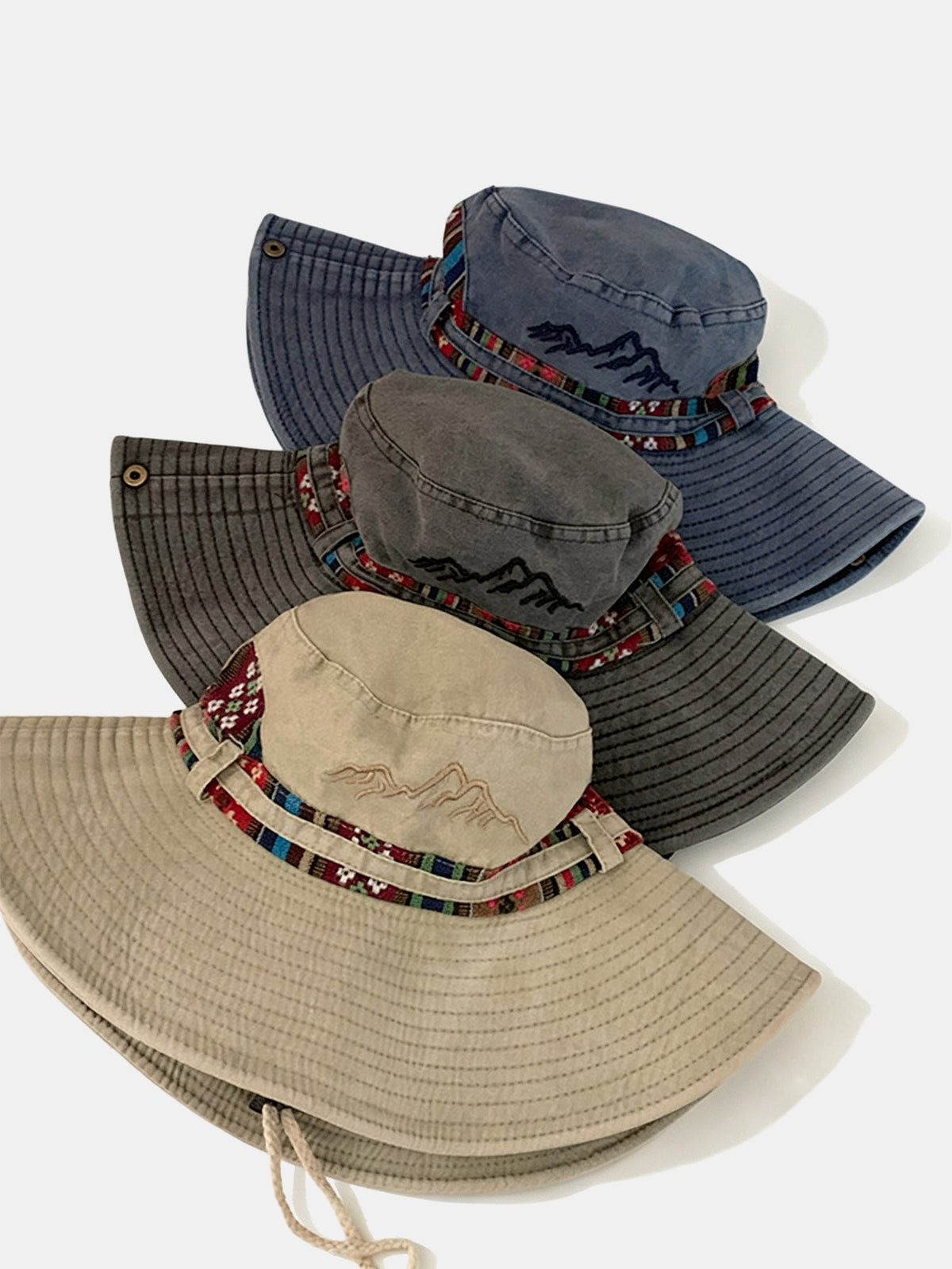 Chapéu boonie para sol e atividades ao ar livre, lavado, com faixa étnica e bordado de montanha