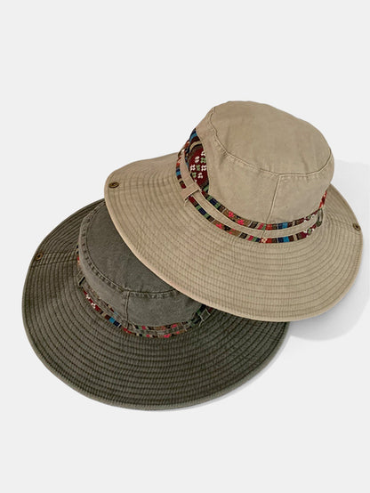 Chapéu boonie para sol e atividades ao ar livre, lavado, com faixa étnica e bordado de montanha