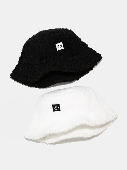 Teddy Fleece Smiley Patch Winter Bucket Hat